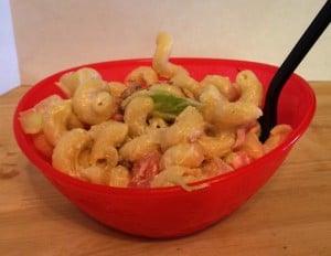 blt pasta in red bowl with black fork