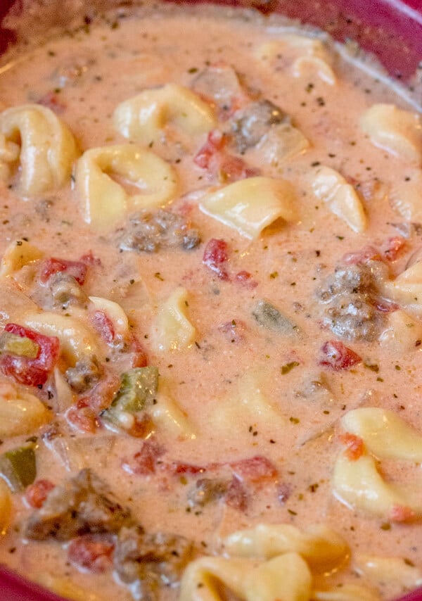 Up close photo of tortellini soup in crockpot