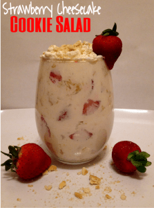 Cookie salad in glass garnished with strawberries