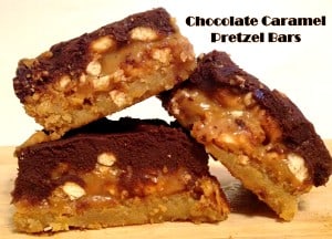 Three Chocolate Caramel Pretzel Bar stacked on top of one another