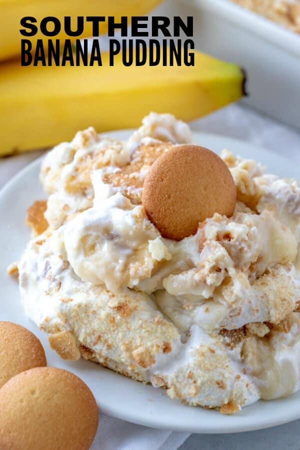 Homemade Southern Banana Pudding Pinterest image pudding on plate topped with wafer
