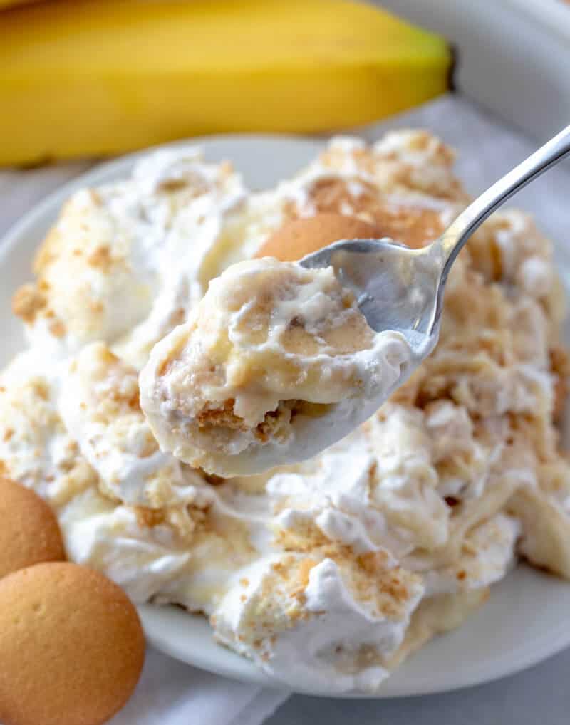Spoon holding a scoop of banana pudding