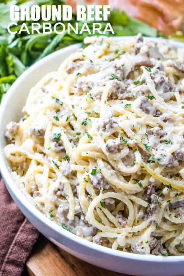 Pinterest image of carbonara in white serving bowl