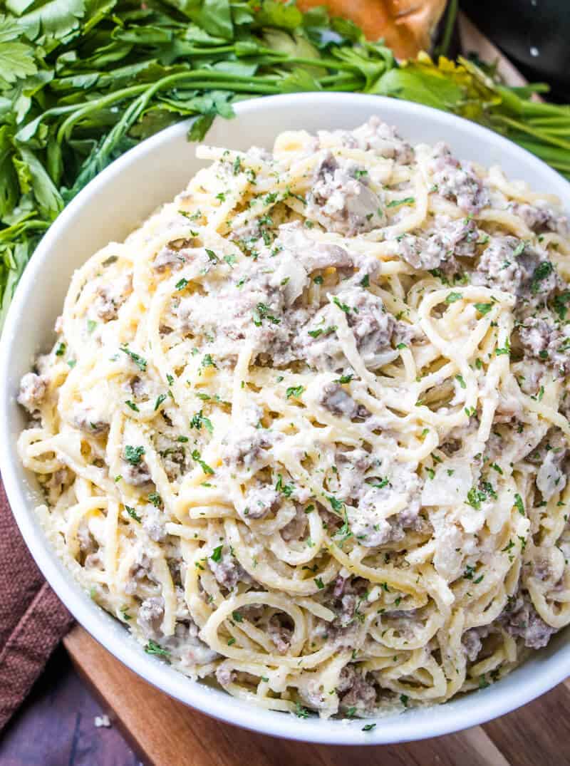 Overhead of Ground Beef Carbonara in white serving bowl