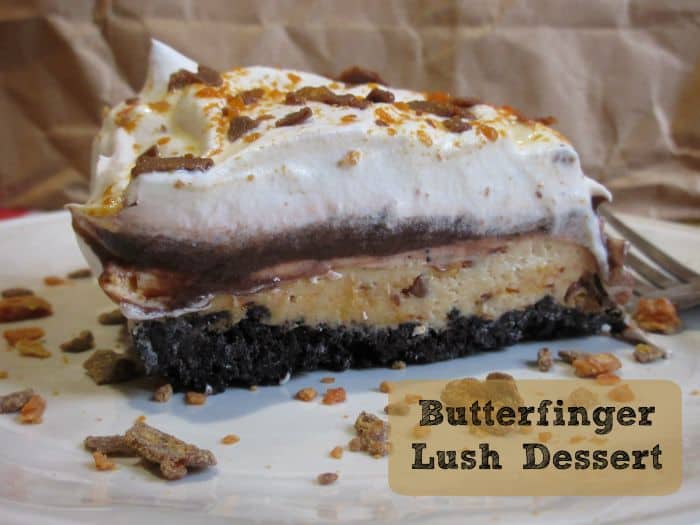 Butterfinger Lush on plate garnished with crushed up butterfingers