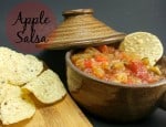 Featured image of apple salsa in brown serving bowl with chip in salsa
