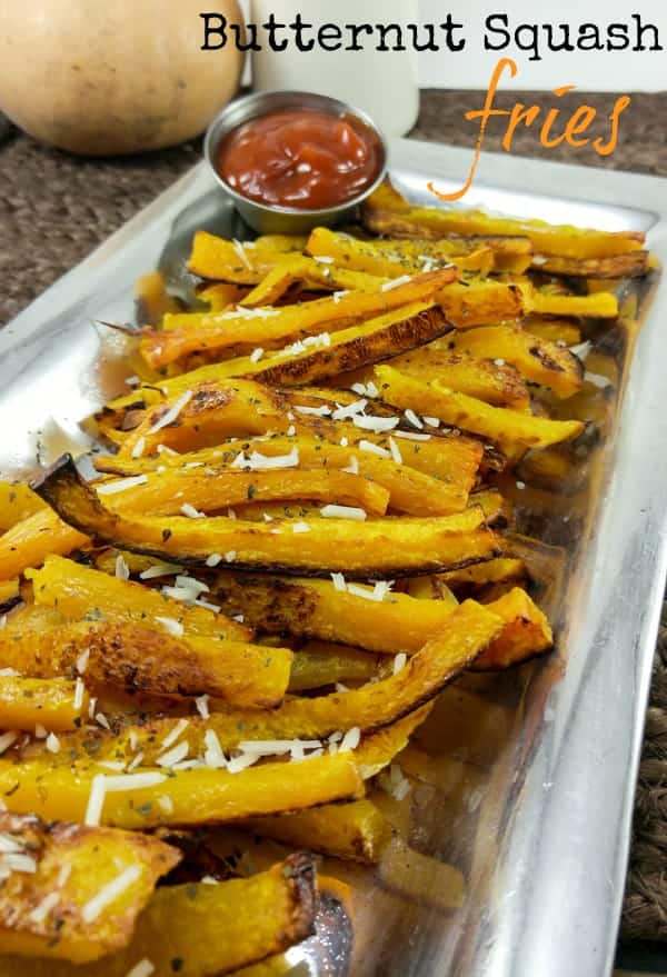 Butternut Squash Fries on silver serving platter topped with parmesan