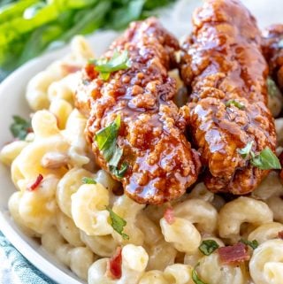 Featured image of Honey Pepper Chicken Mac and Cheese served in white bowl