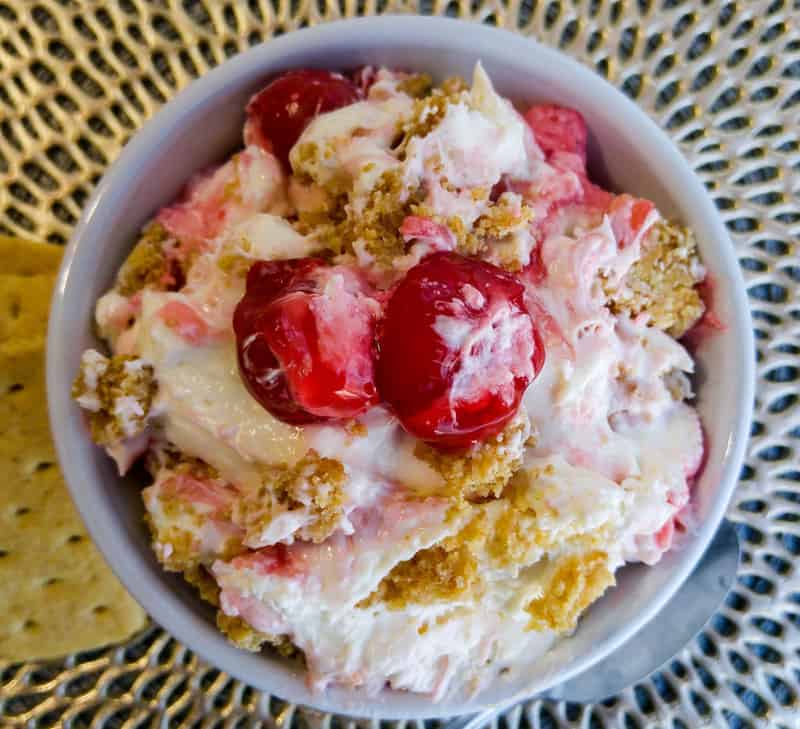 Featured image of no bake cherry cheesecake fluff overhead in white bowl