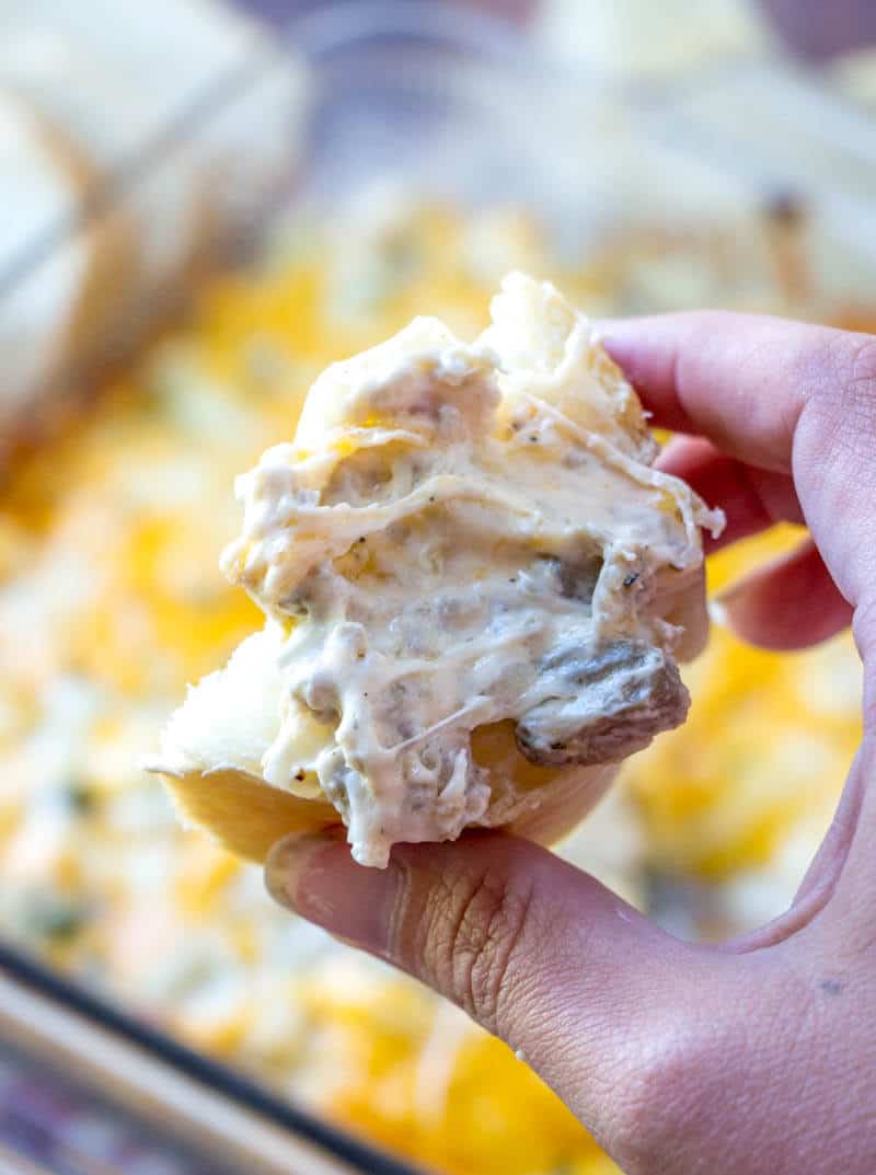 Hand holding slice of bread slathered in mushroom dip