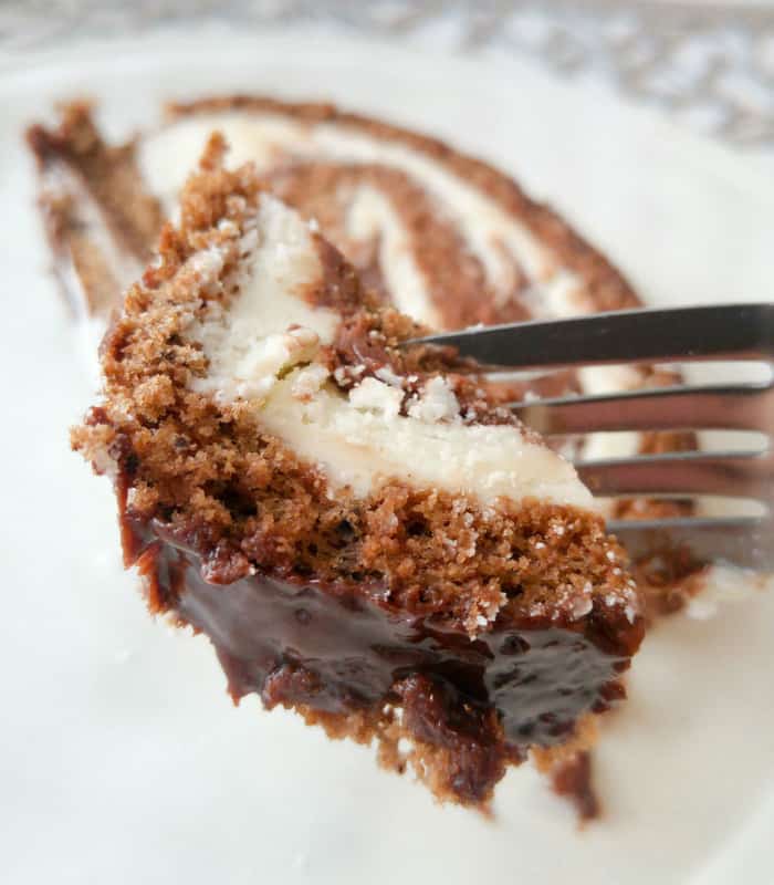 Fork holding up a piece of tuxedo cake roll