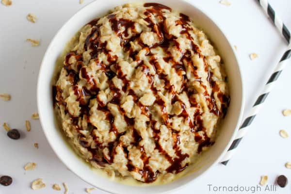 Overhead of Boston Cream Pie Oatmeal in white round bowl