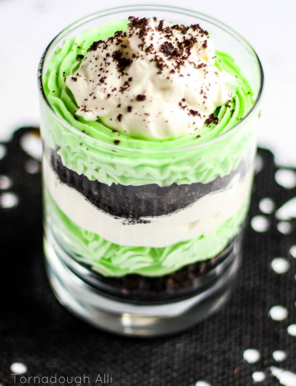 Up close of Mint Cheesecake and Oreo Trifle in clear glass
