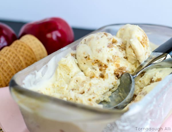 Half empty pan of ice cream with ice cream scoop