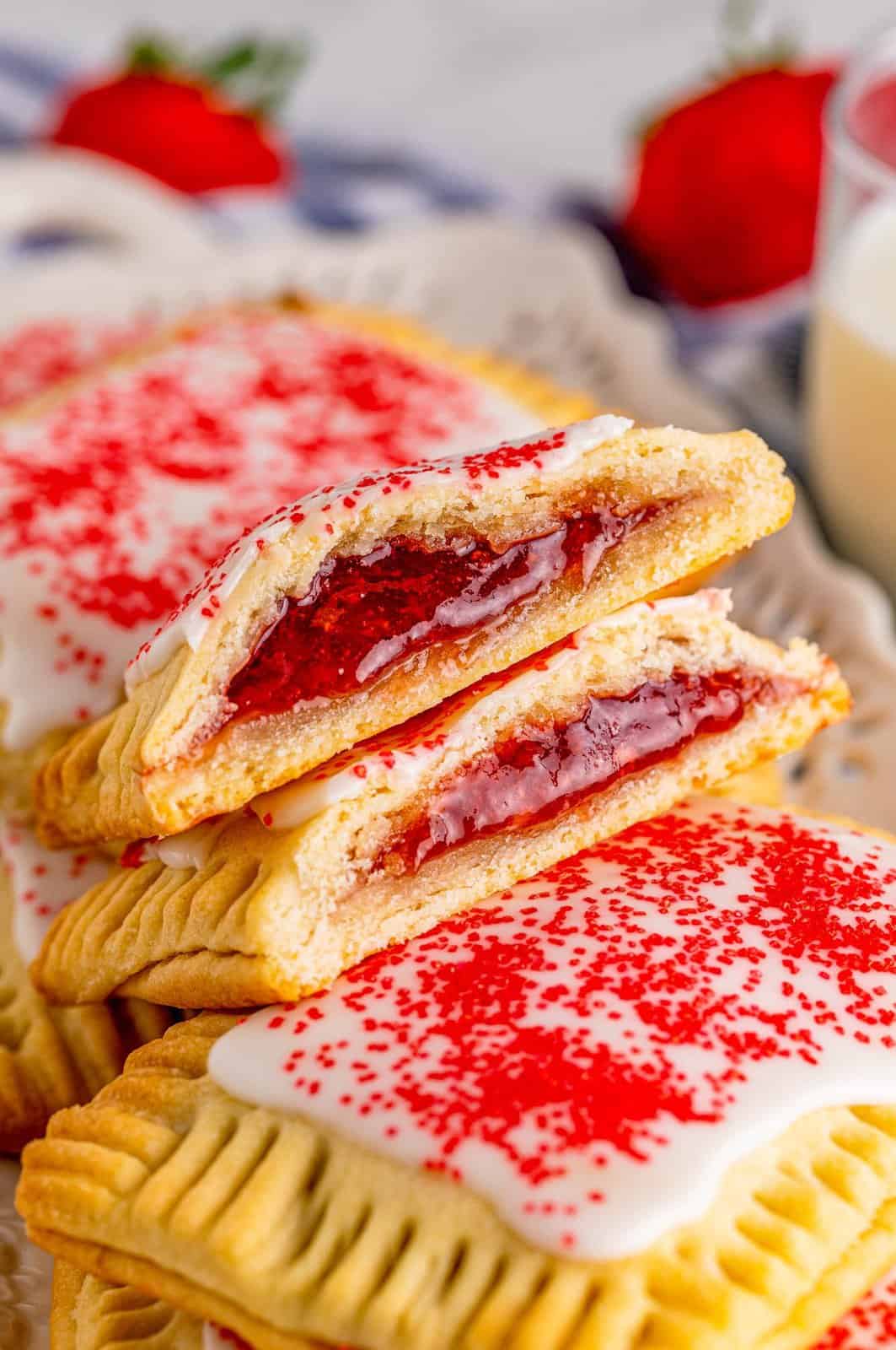 One Strawberry Pop-Tart cut in half showing center filling.