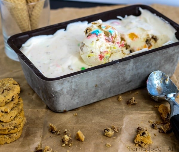 Monster Cookie Ice Cream in pan scooped up 
