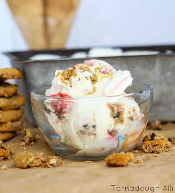 Monster Cookie Ice Cream in clear bowl surrounded by broken up oatmeal cookies
