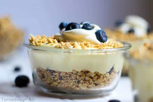 Side of Lemon Curd Blueberry Parfaits in clear dish