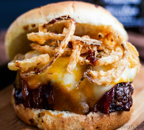 BBQ Bourbon Bacon Meatloaf Sandwich up close showing glazed meatloaf