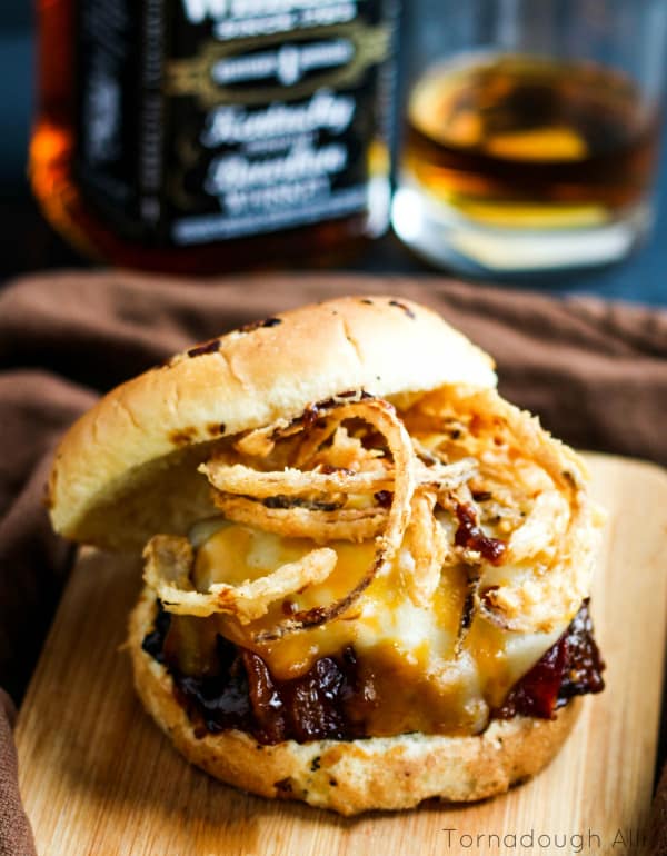 Close  up of Bourbon Meatloaf Sandwich showing cheese and onions