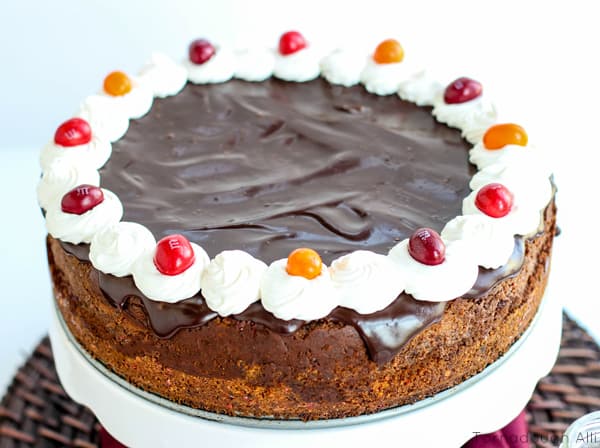 Up close of Chocolate Chili Cheesecake on cake stand