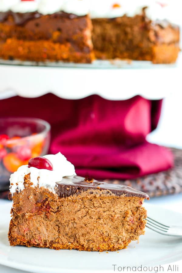 Slice of Chocolate Chili Cheesecake on white plate