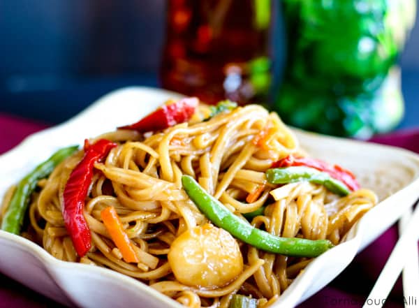 Close up of bowl of Stir Fried Mongolian Noodles