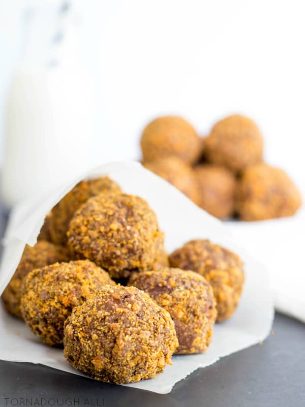 Butterfinger Donut Holes in parchment paper cone