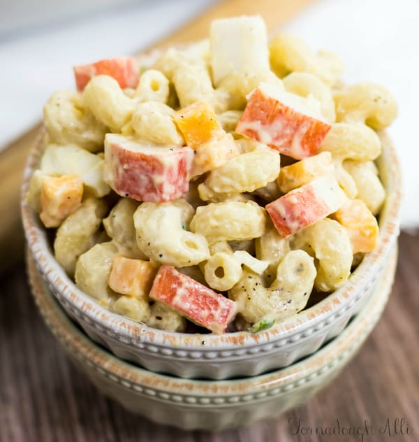 Overhead of Mock Crab Leg Salad in stacked bowls