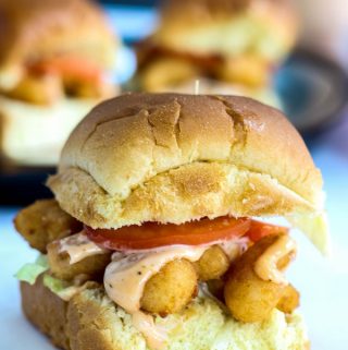 Finished Shrimp Po' Boy Slider with dripping sauce