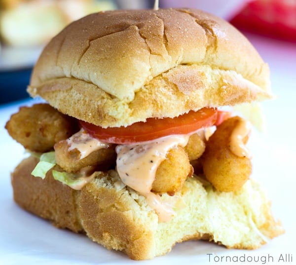 Up close of finished Po' Boy Sliders on bun