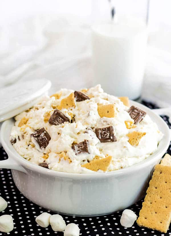 S'mores No Bake Cheesecake Fluff in handled white bowl