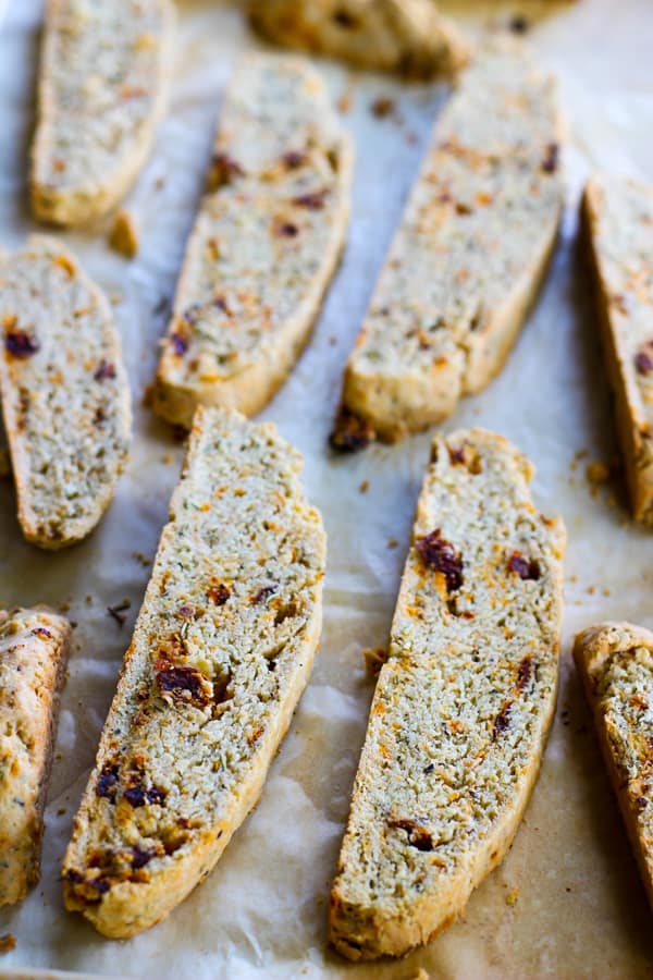 Slices of Sun-Dried Tomate and Herb Biscotti on baking skeet