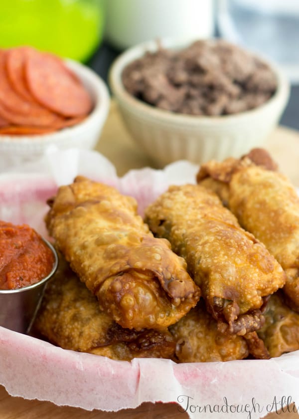 Supreme Pizza Egg Rolls in basket