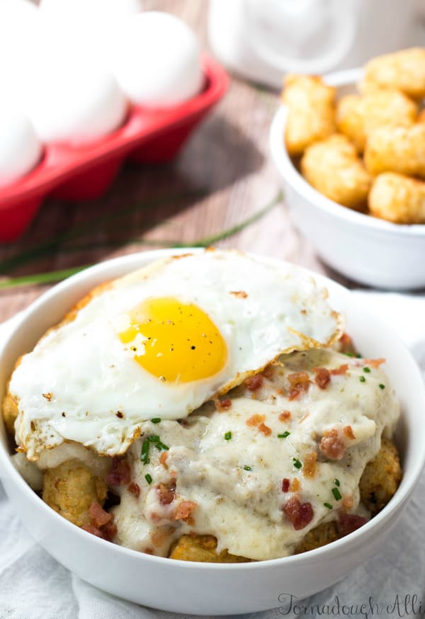 Sausage and Gravy Breakfast Poutine in white bowl