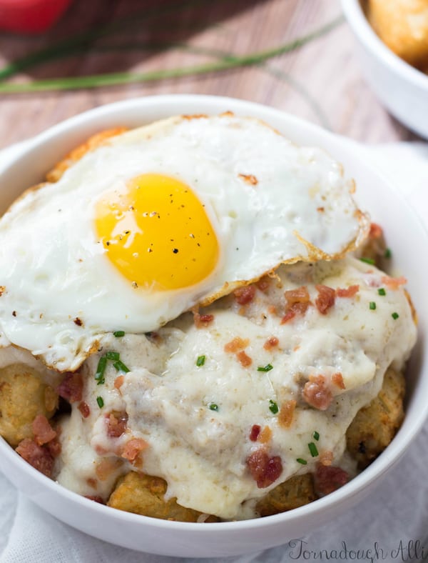 Overhead of Sausage and Gravy Breakfast Poutine with fried egg