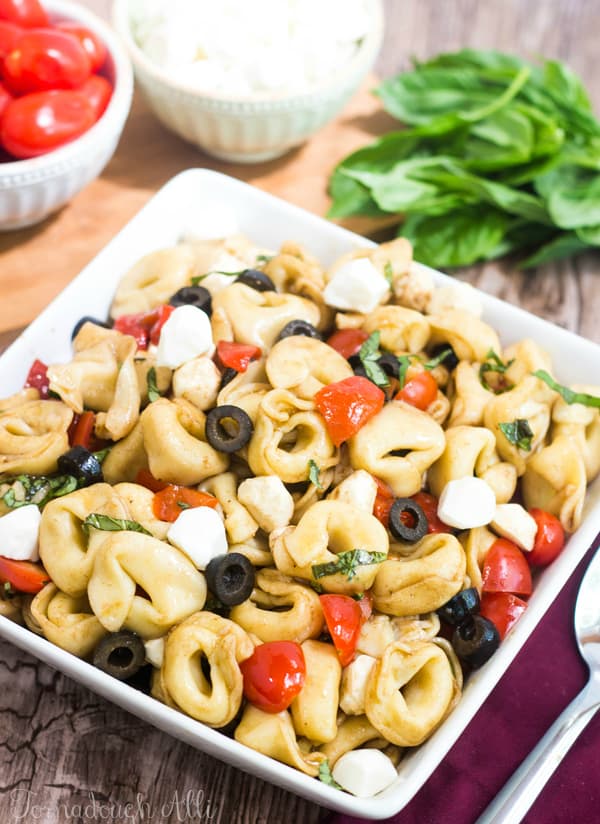 Overhead of Caprese Tortellini Salad in serving dish