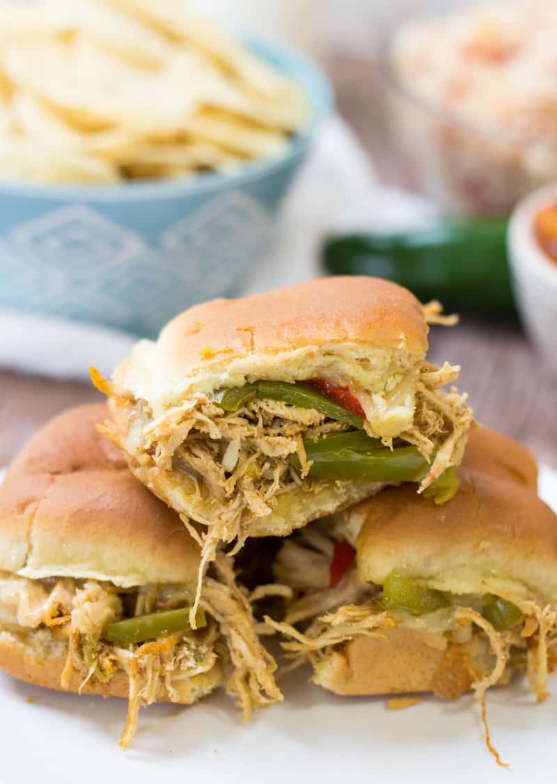 Chicken Fajita Sliders stacked on top of one another