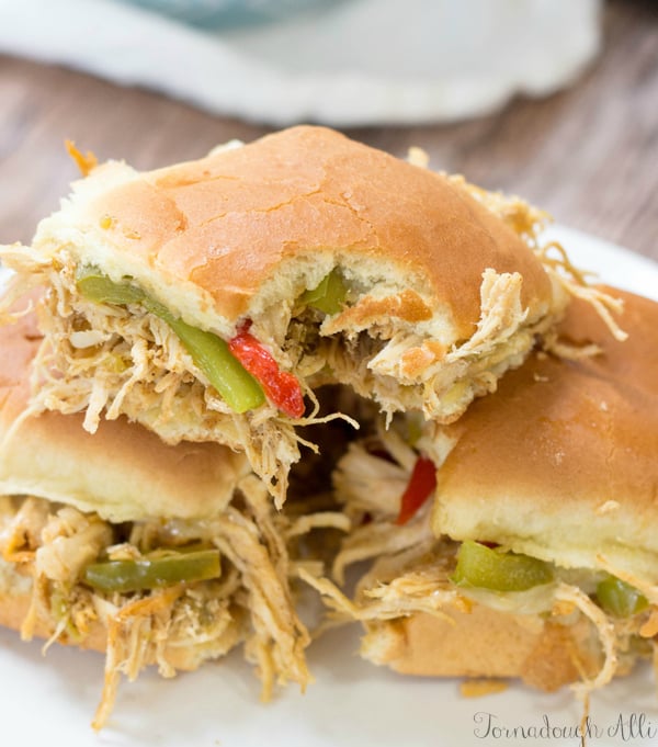 Stacked Chicken Fajita Sliders with bite taken out of one