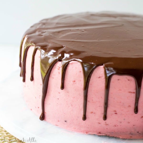 Chocolate Raspberry Cake with ganache dripping down sides