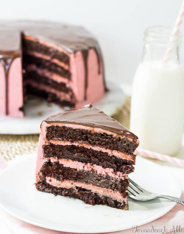 Slice of Raspberry Chocolate Cake on white plate