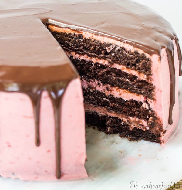 Finished Chocolate Raspberry Cake with slice taken out