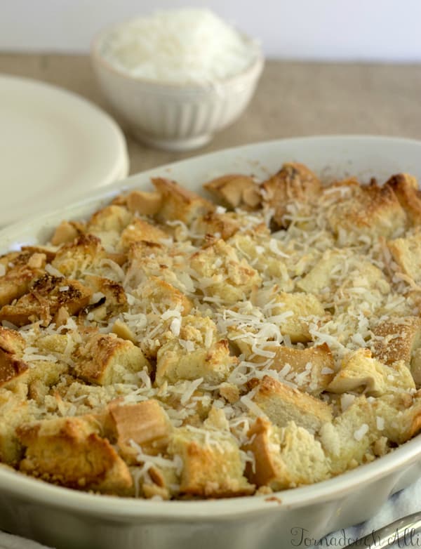 Coconut Cream Bread Pudding in baking dish