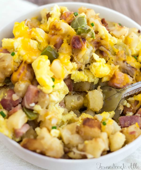 Fork in bowl of breakfast mixture