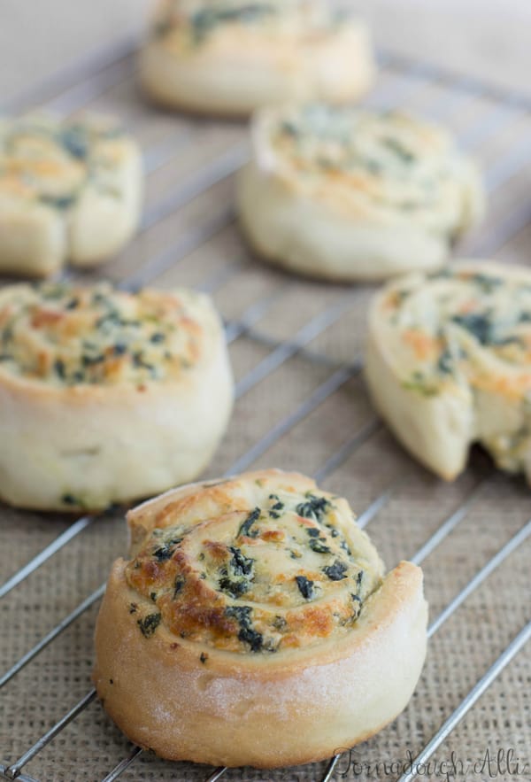 Spinach Dip Pinwheels on cooling rack