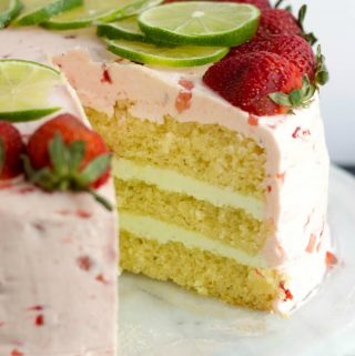 Strawberry Lime Cake with slice taken out