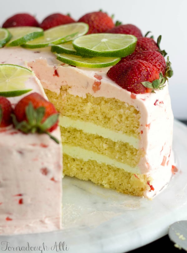 Strawberry Lime Cake  inside with slice taken out