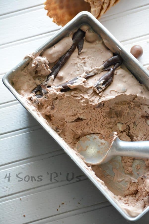 Chocolate Malt Crunch Ice Cream in pan with ice cream scoop