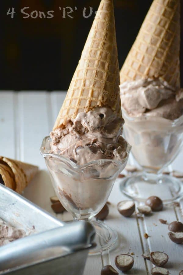 Chocolate Malt Crunch Ice Cream in waffle cones upside down in serving dishes
