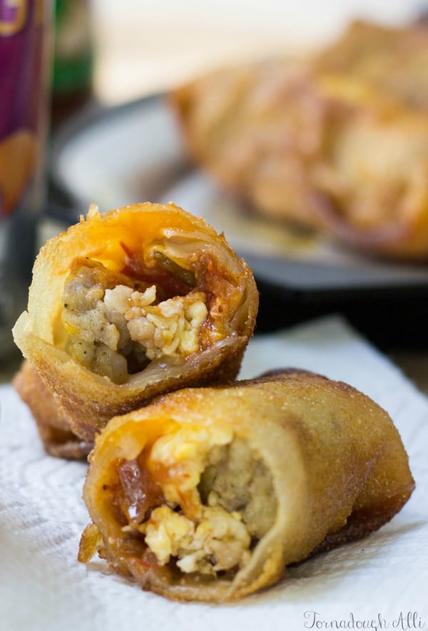 Breakfast Egg Roll split in half showing inside filling